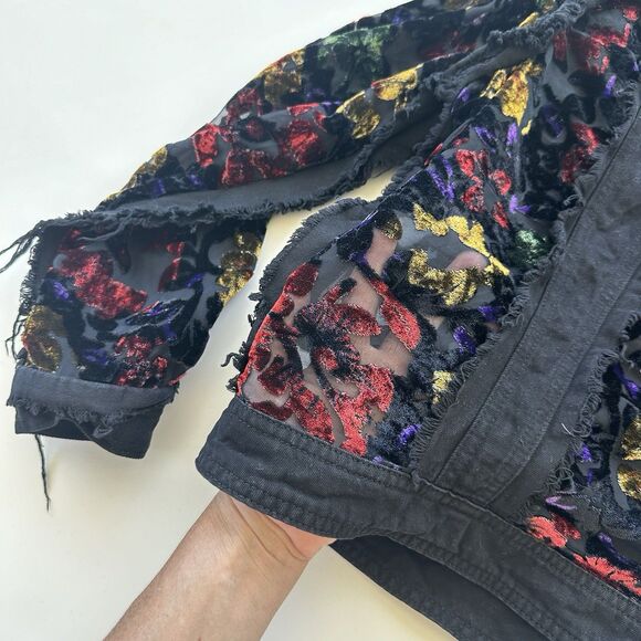 Adore Denim Sheer Panel Embroidered Velvet Floral Fringe Jacket Small Black - Picture 12 of 13